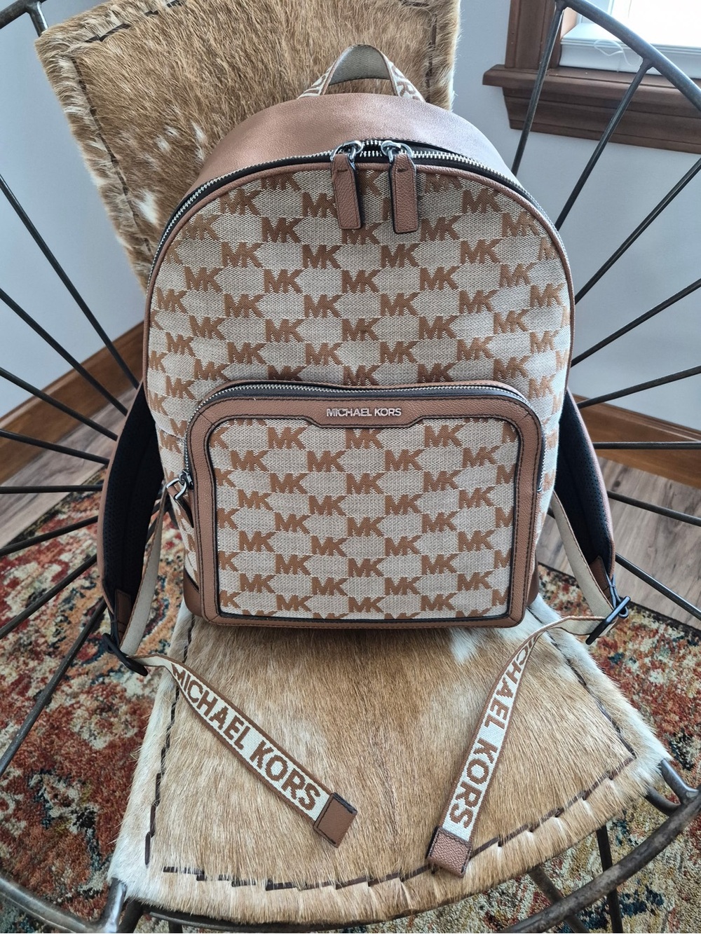 Michael Kors Tan/Brown MK Logo Backpack with Leather Trim